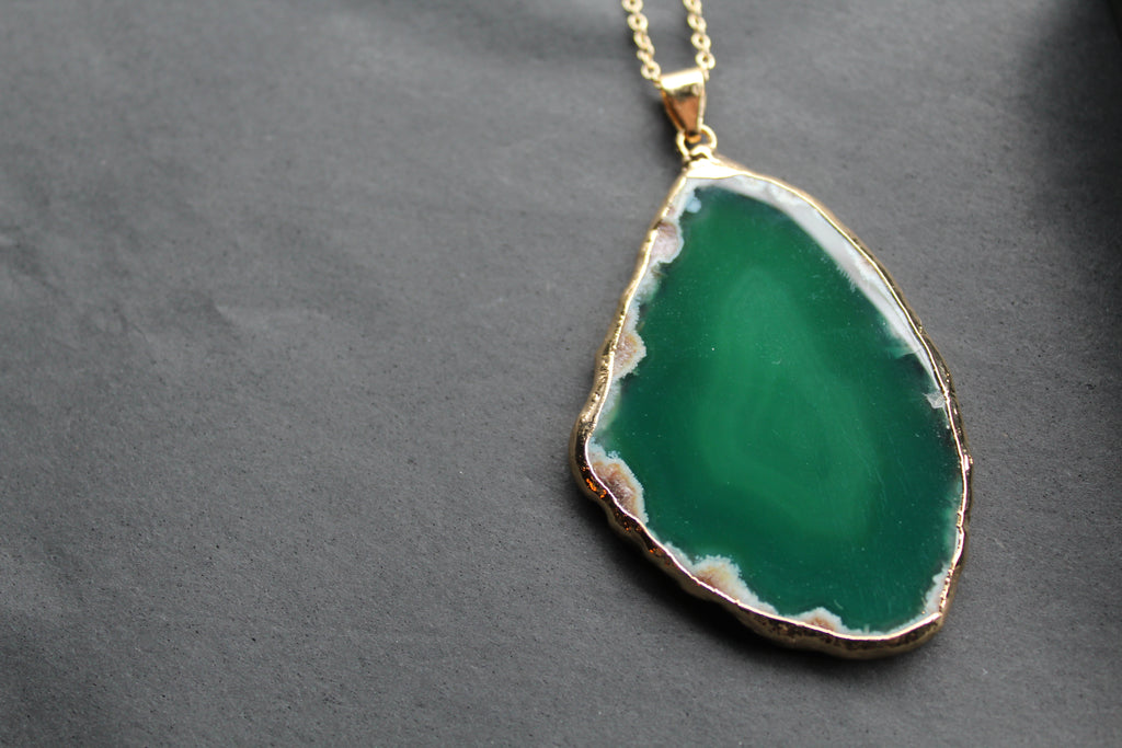 Green Agate Crystal Long Length Gold Tone Necklace