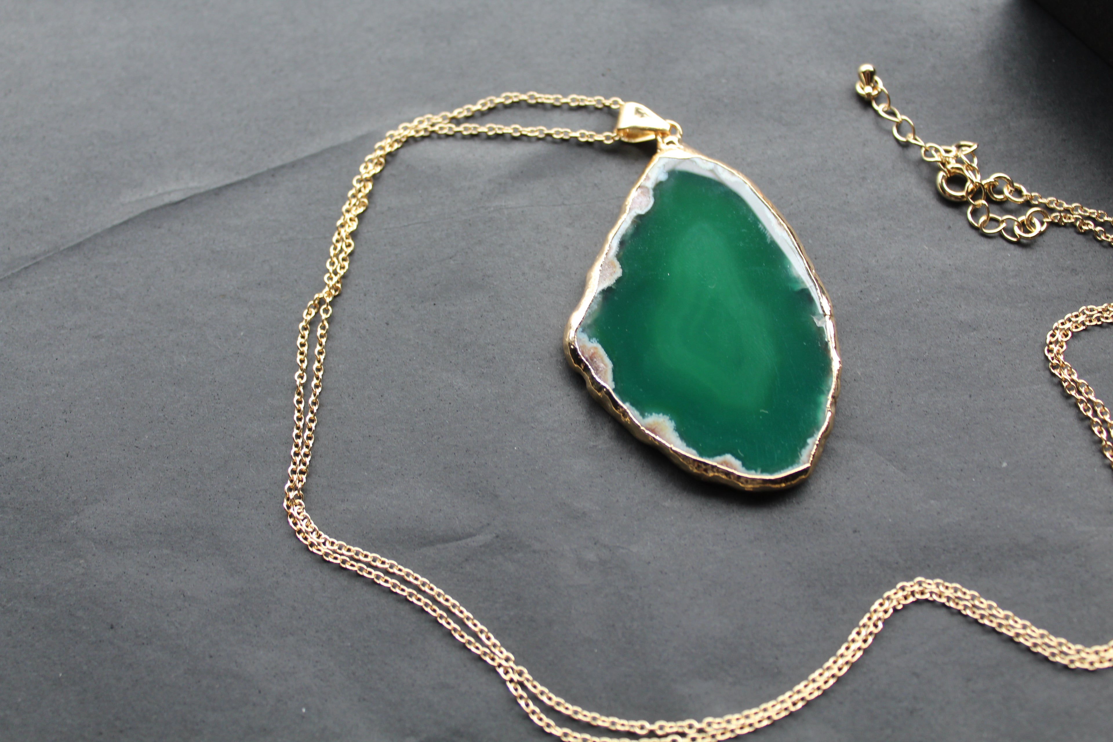 Green Agate Crystal Long Length Gold Tone Necklace