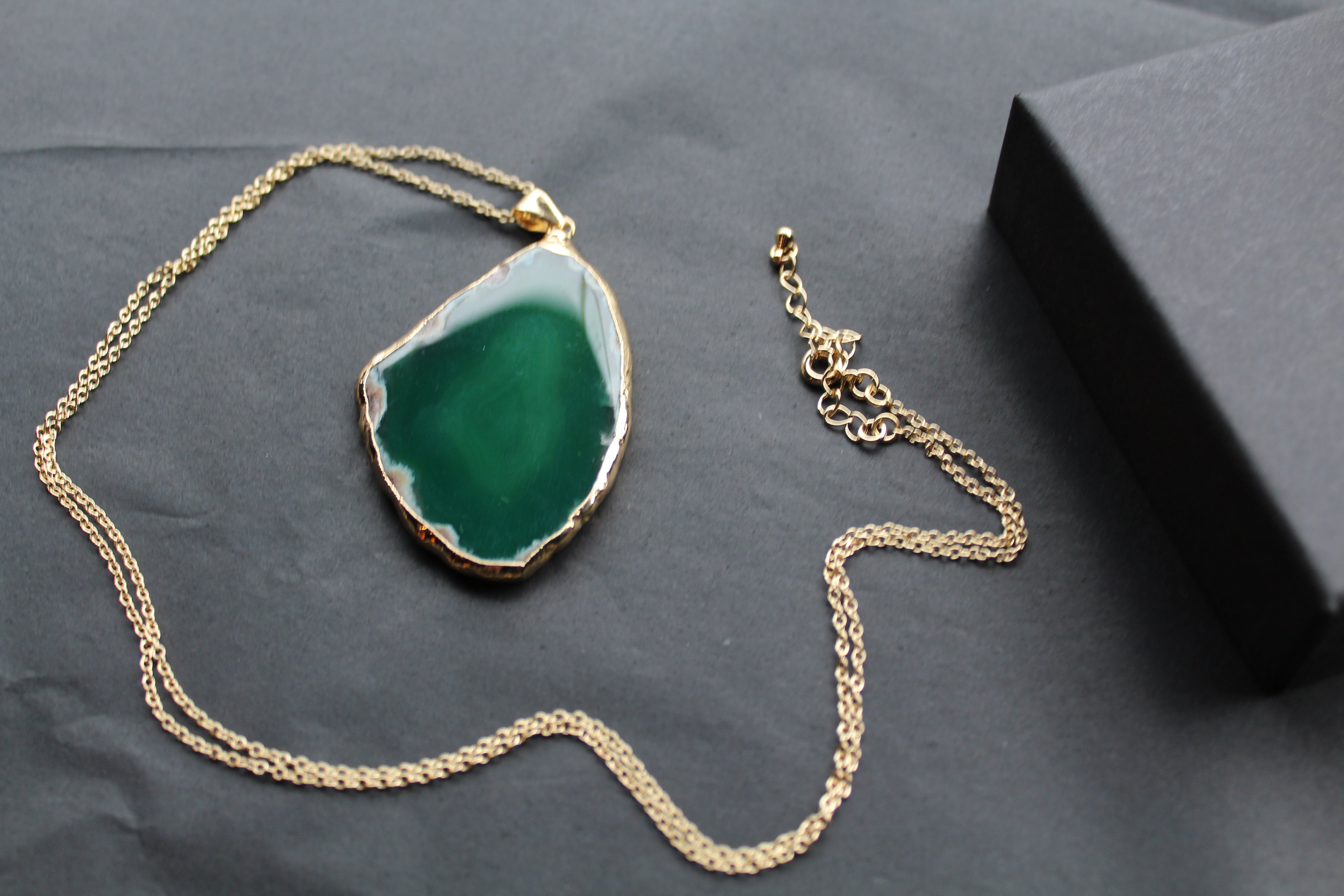 Green Agate Crystal Long Length Gold Tone Necklace