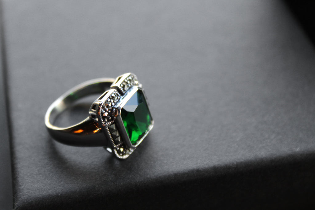 Green Emerald CZ Marcasite Ring