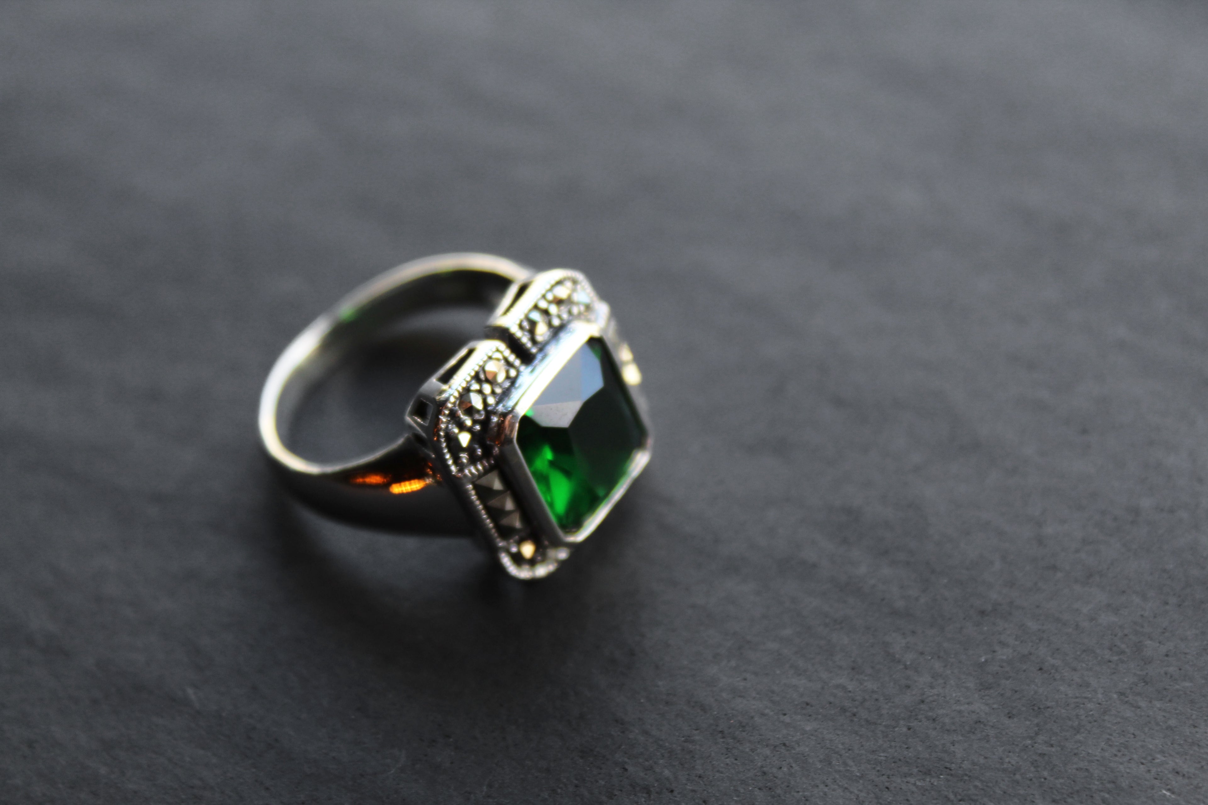 Green Emerald CZ Marcasite Ring