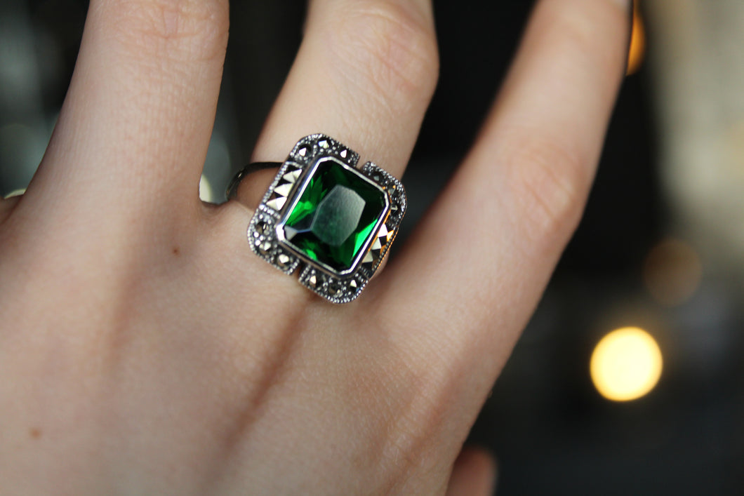Green Emerald CZ Marcasite Ring