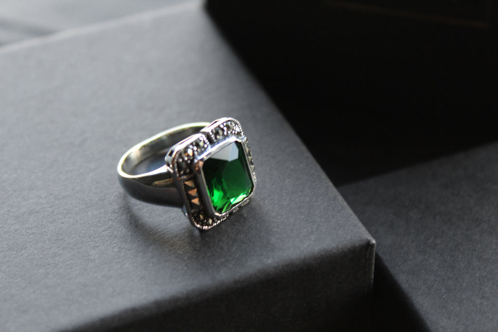 Green Emerald CZ Marcasite Ring