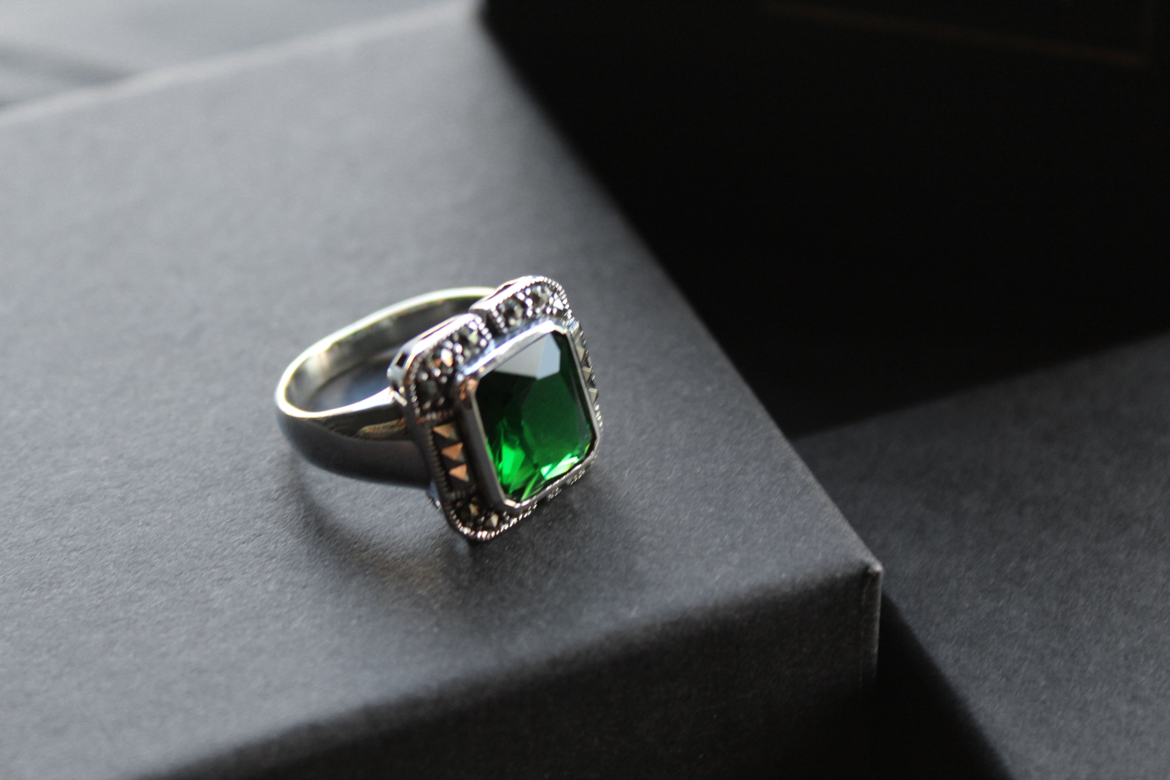 Green Emerald CZ Marcasite Ring