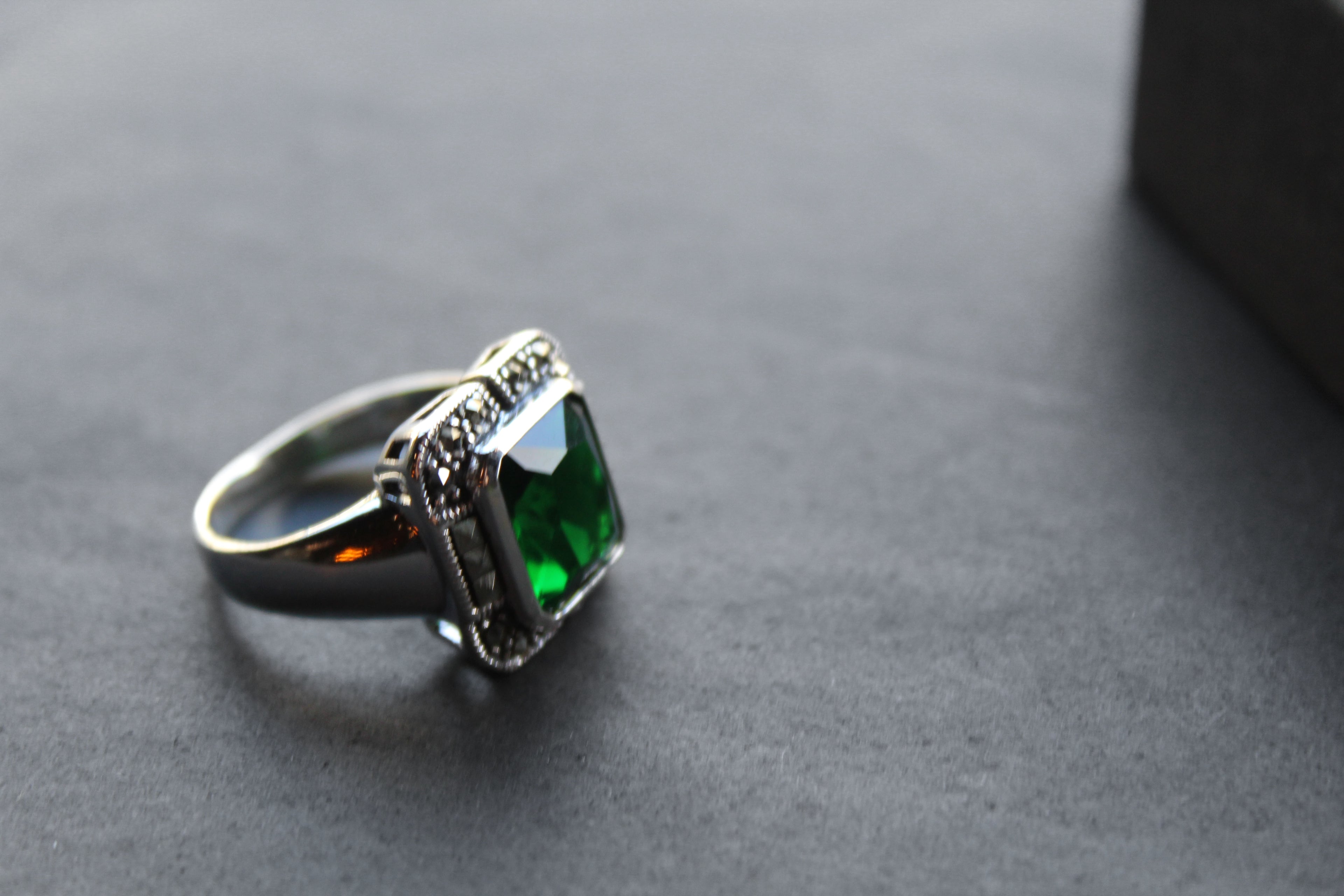 Green Emerald CZ Marcasite Ring