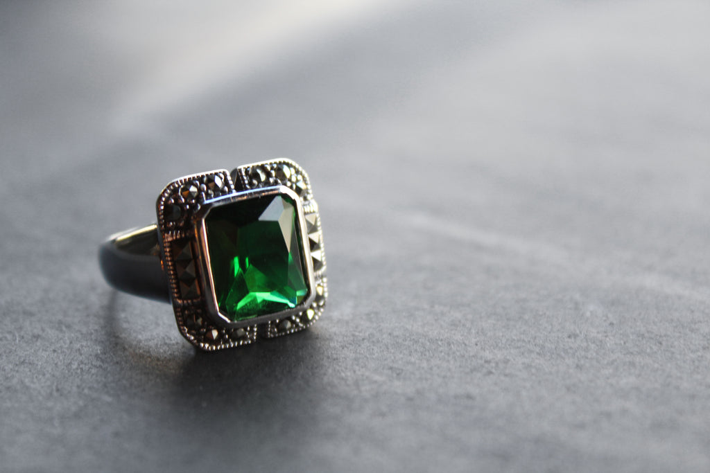 Green Emerald CZ Marcasite Ring