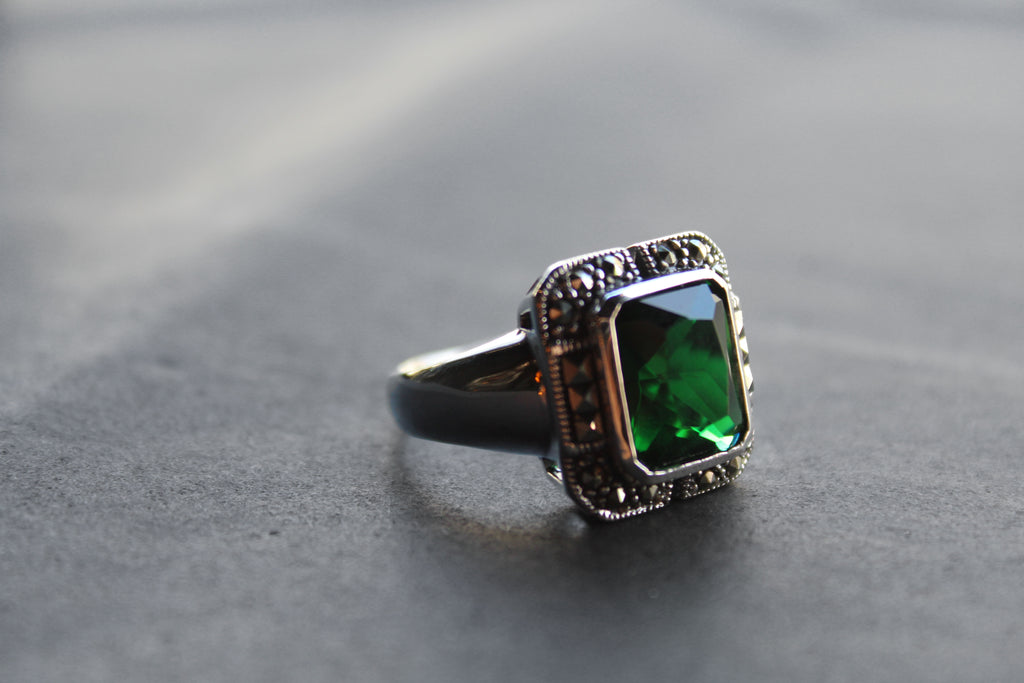 Green Emerald CZ Marcasite Ring
