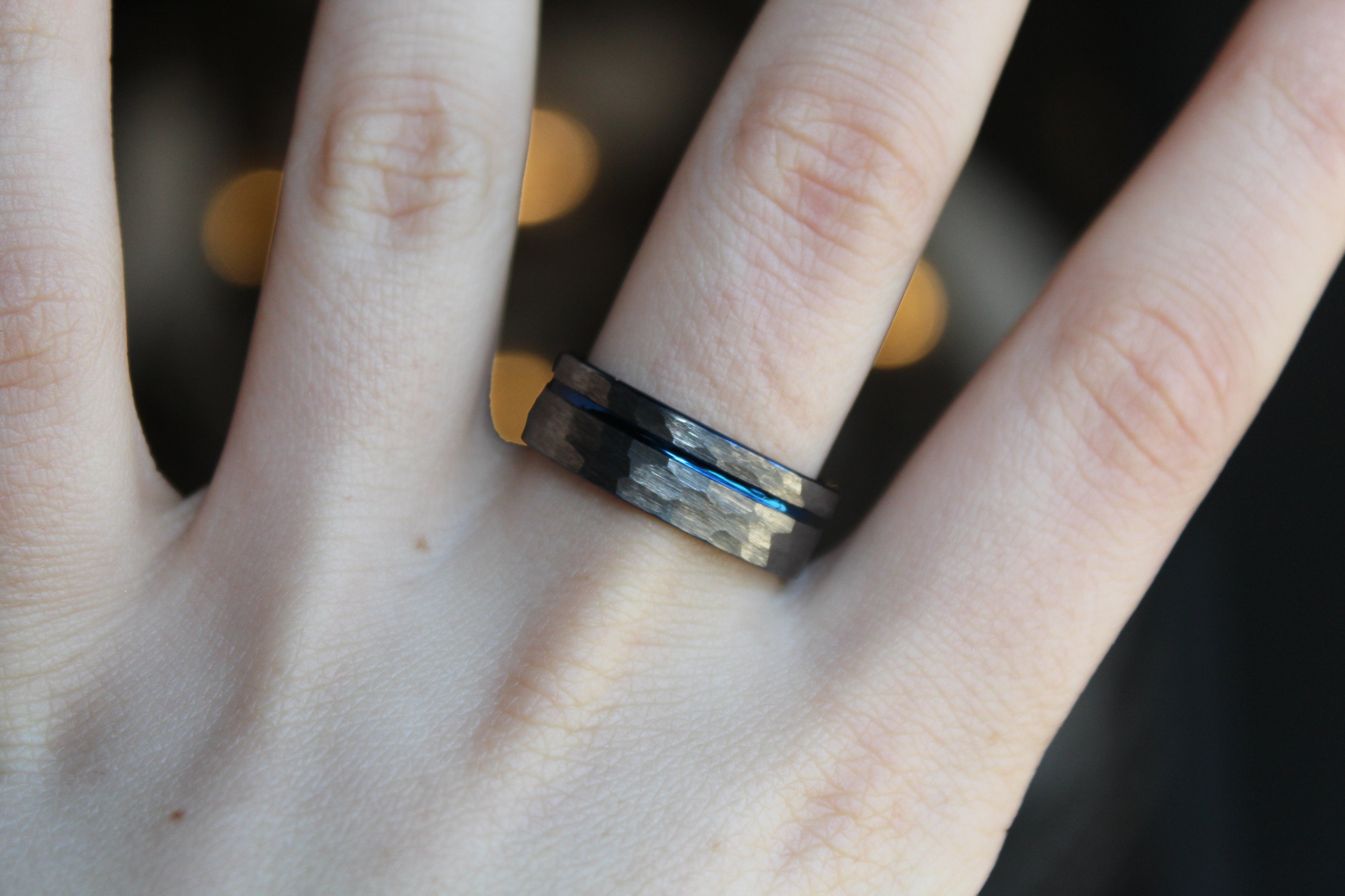 Hammered Tungsten Carbide Ring with Blue Ion Plating