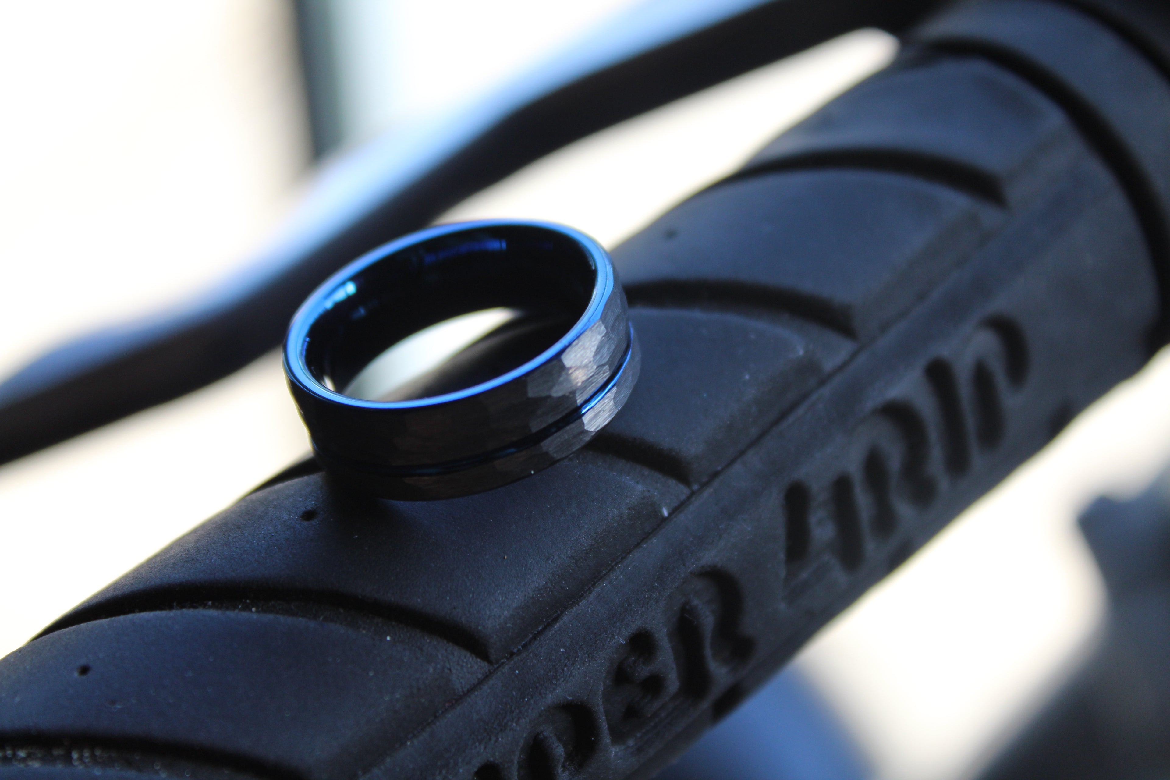 Hammered Tungsten Carbide Ring with Blue Ion Plating