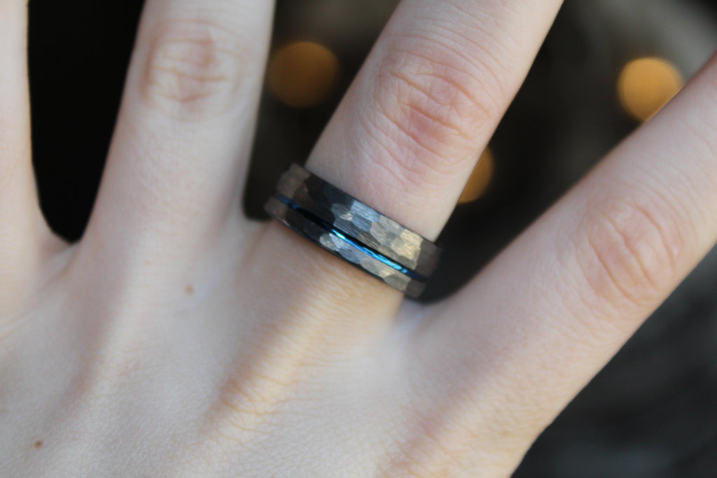 Hammered Tungsten Carbide Ring with Blue Ion Plating