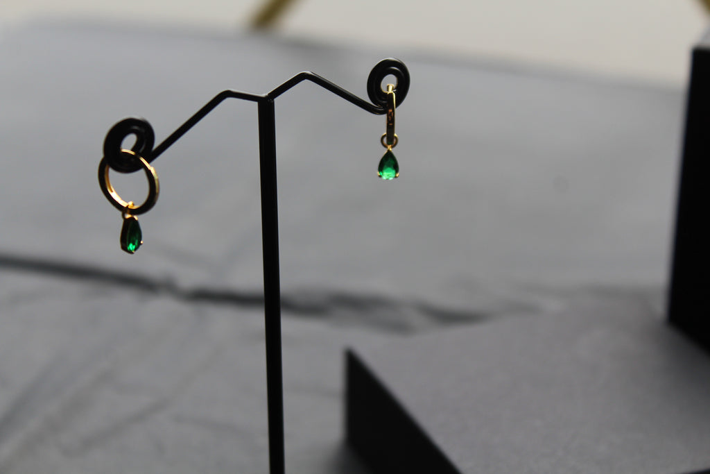 Hinged Hoops with Emerald Glass Teardrop Charm