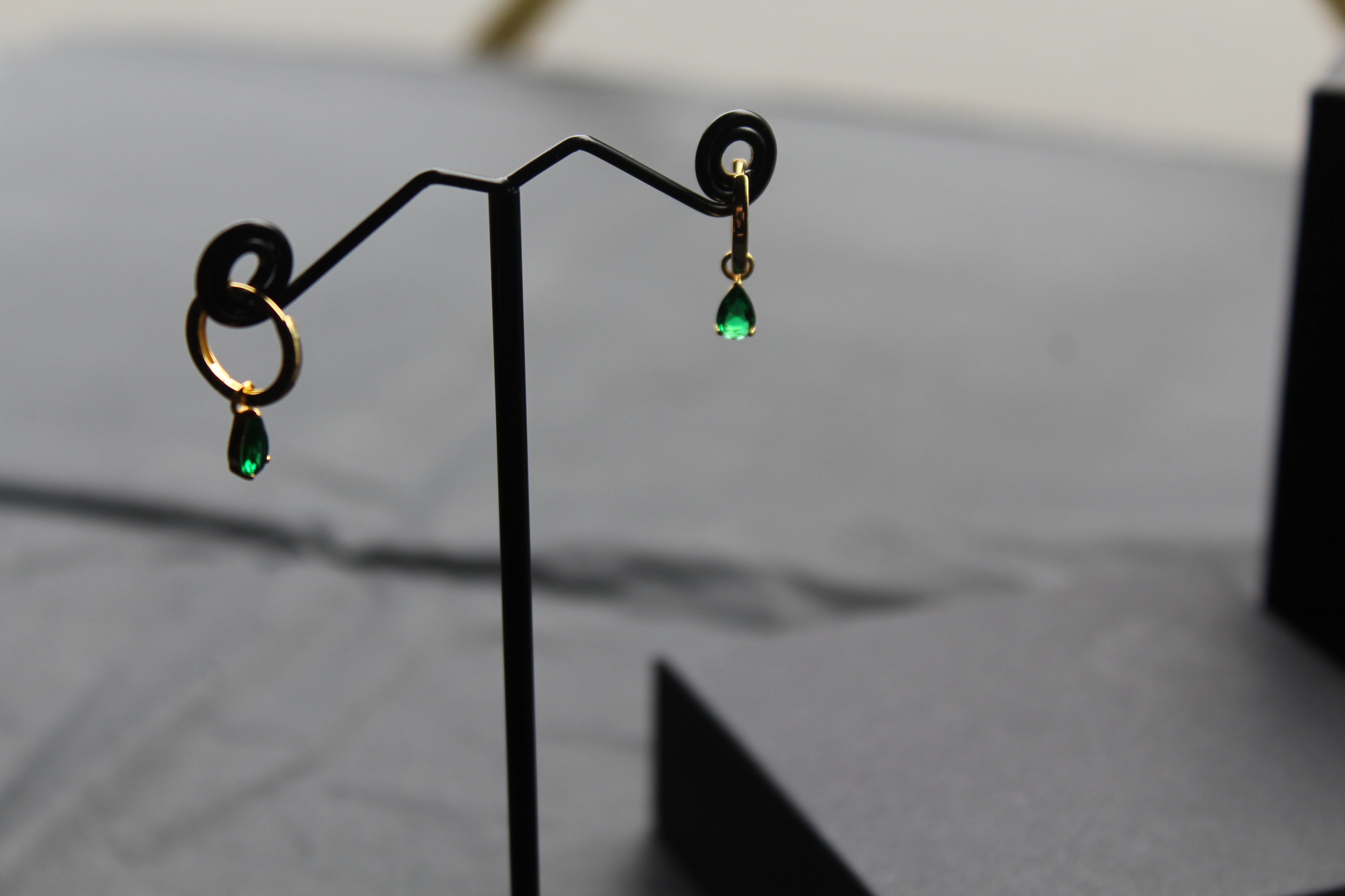 Hinged Hoops with Emerald Glass Teardrop Charm