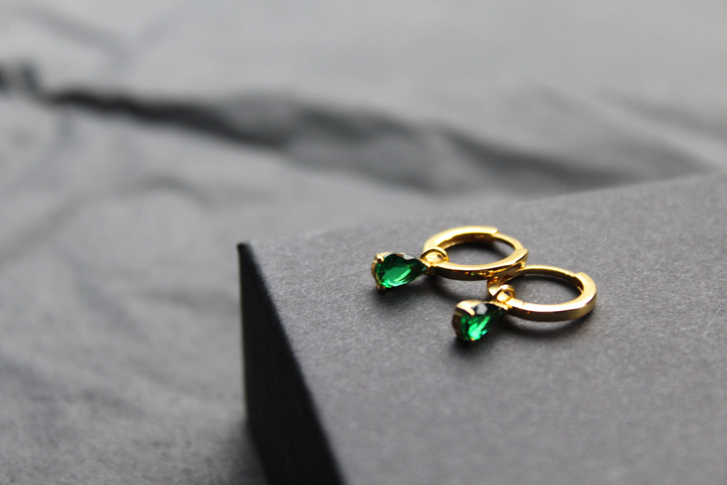 Hinged Hoops with Emerald Glass Teardrop Charm