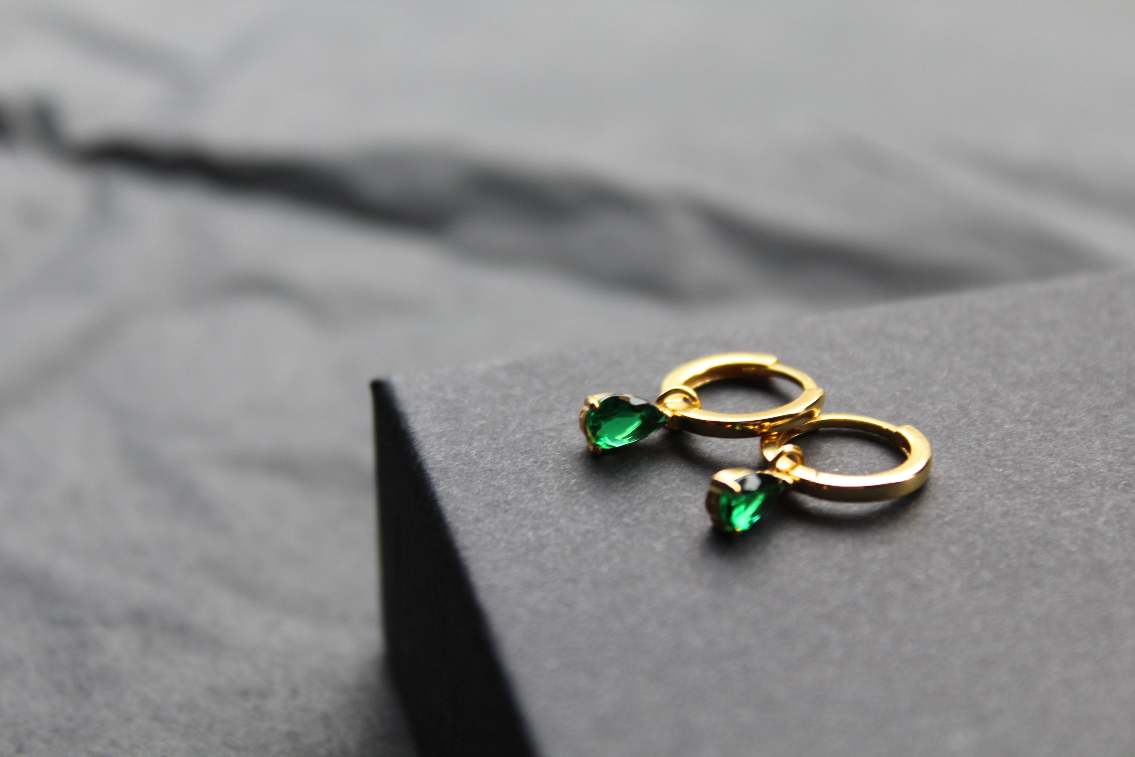 Hinged Hoops with Emerald Glass Teardrop Charm