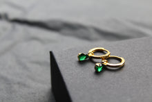 Load image into Gallery viewer, Hinged Hoops with Emerald Glass Teardrop Charm

