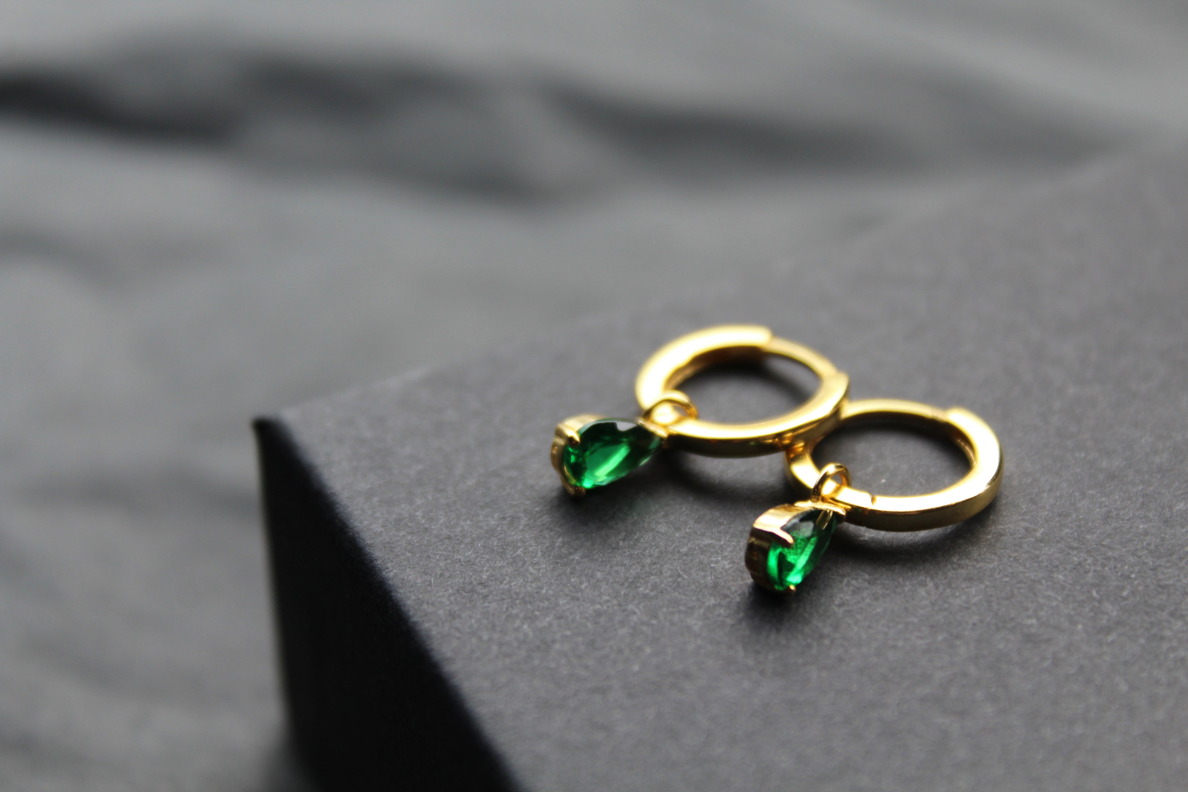 Hinged Hoops with Emerald Glass Teardrop Charm