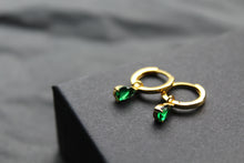 Load image into Gallery viewer, Hinged Hoops with Emerald Glass Teardrop Charm
