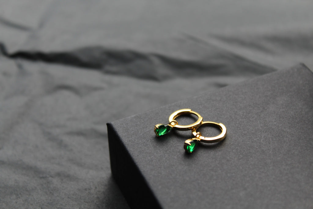 Hinged Hoops with Emerald Glass Teardrop Charm