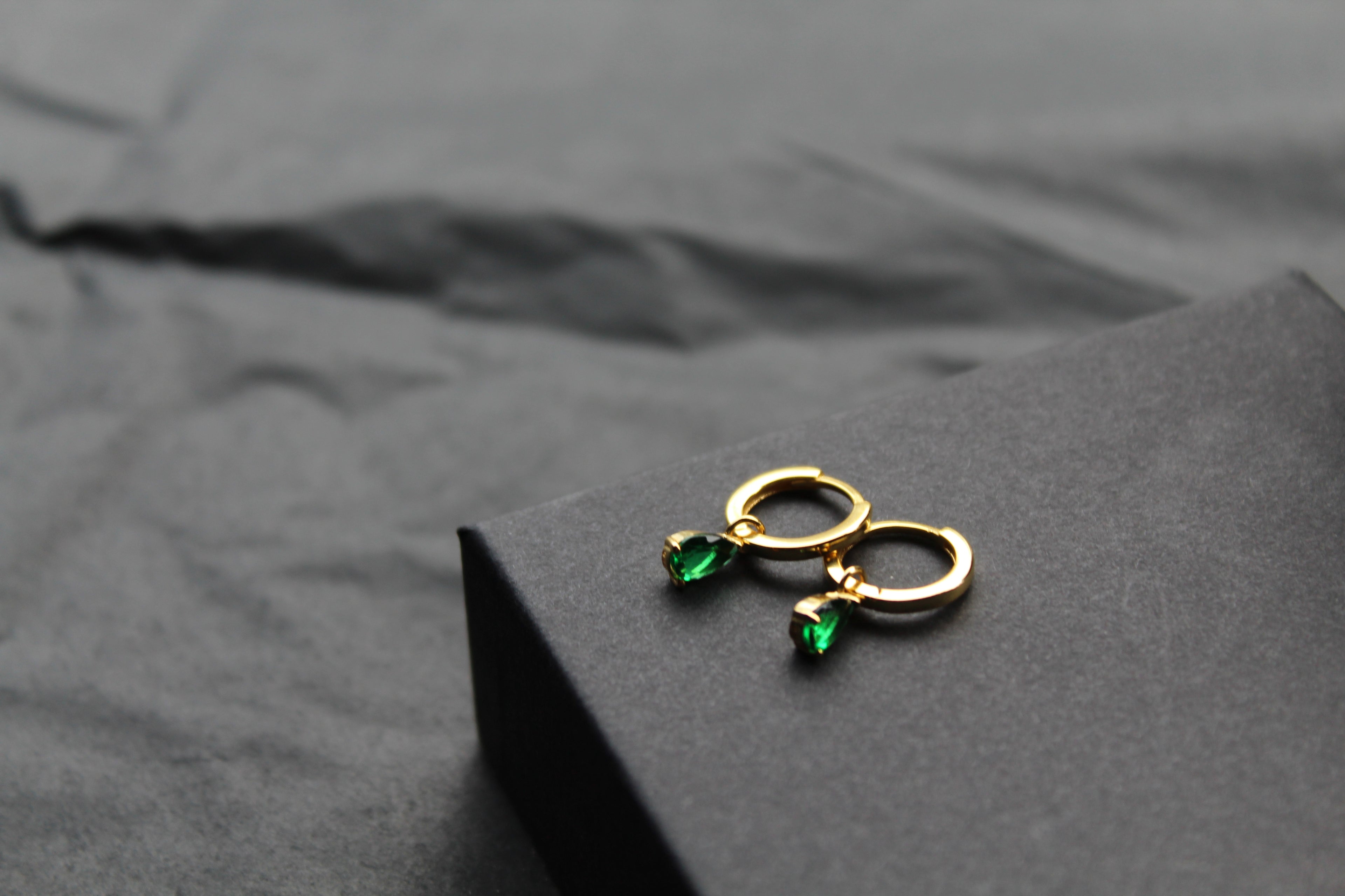Hinged Hoops with Emerald Glass Teardrop Charm