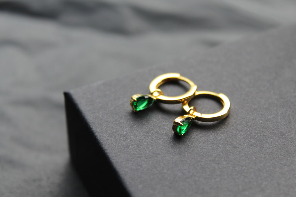 Hinged Hoops with Emerald Glass Teardrop Charm
