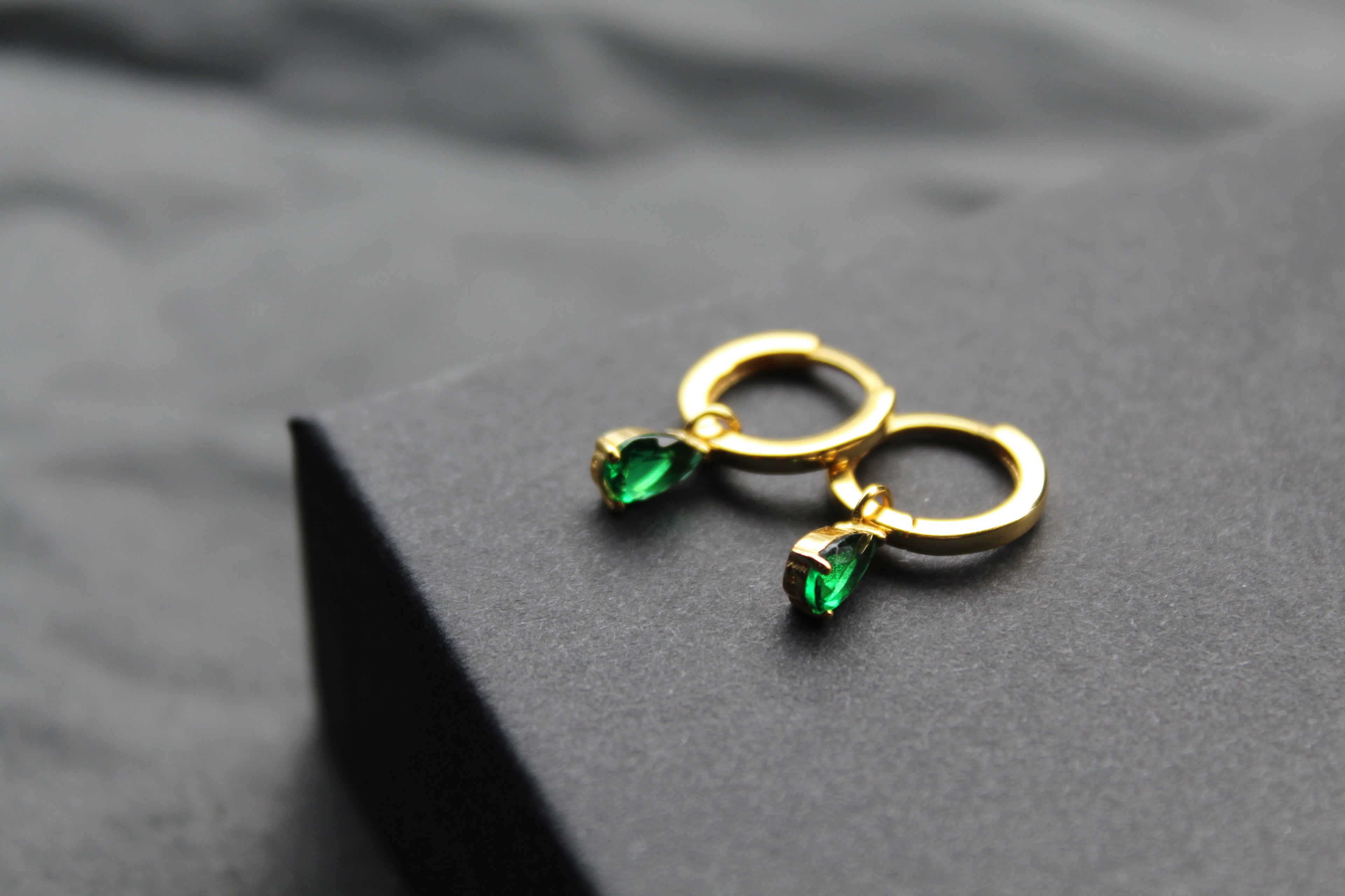 Hinged Hoops with Emerald Glass Teardrop Charm
