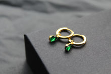 Load image into Gallery viewer, Hinged Hoops with Emerald Glass Teardrop Charm
