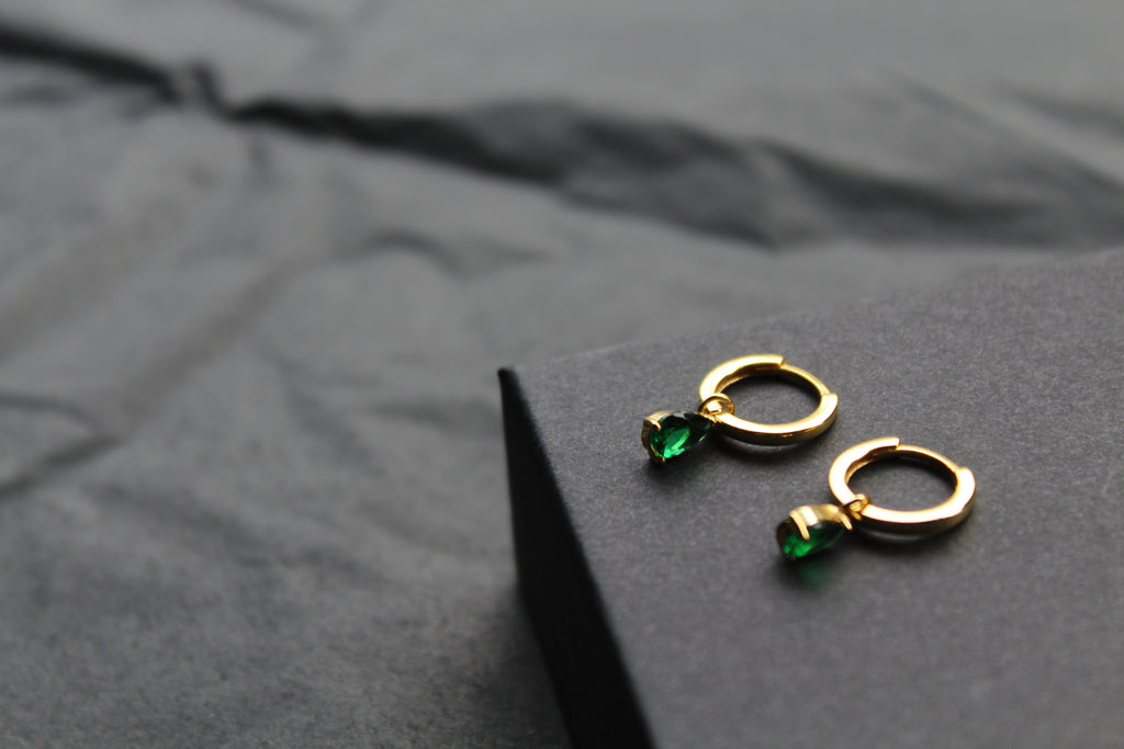 Hinged Hoops with Emerald Glass Teardrop Charm