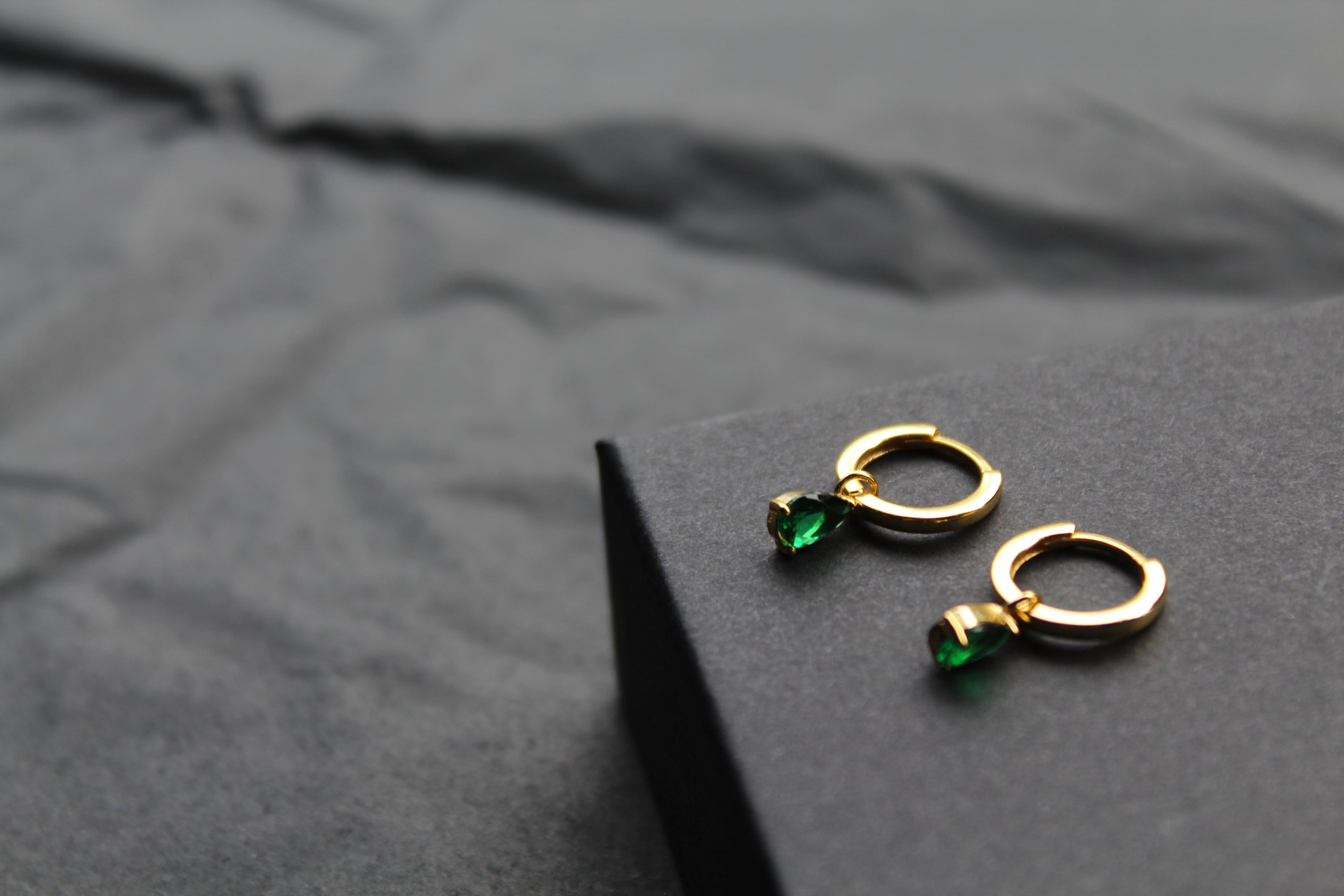 Hinged Hoops with Emerald Glass Teardrop Charm