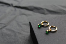 Load image into Gallery viewer, Hinged Hoops with Emerald Glass Teardrop Charm
