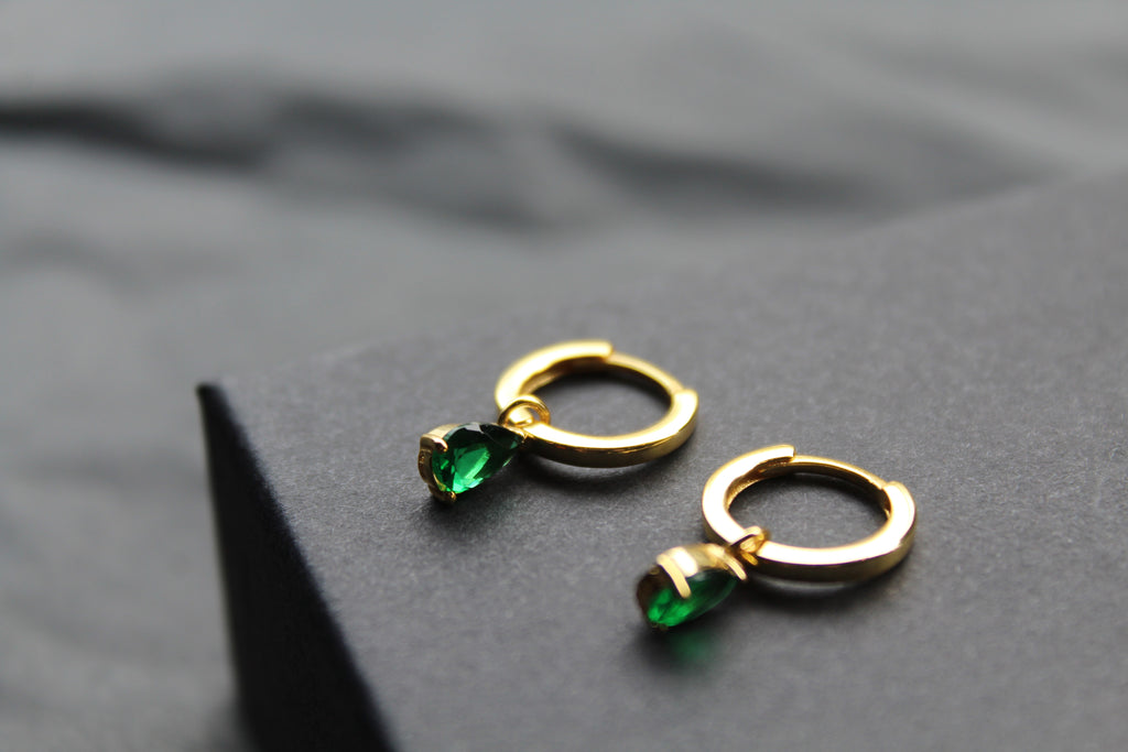 Hinged Hoops with Emerald Glass Teardrop Charm
