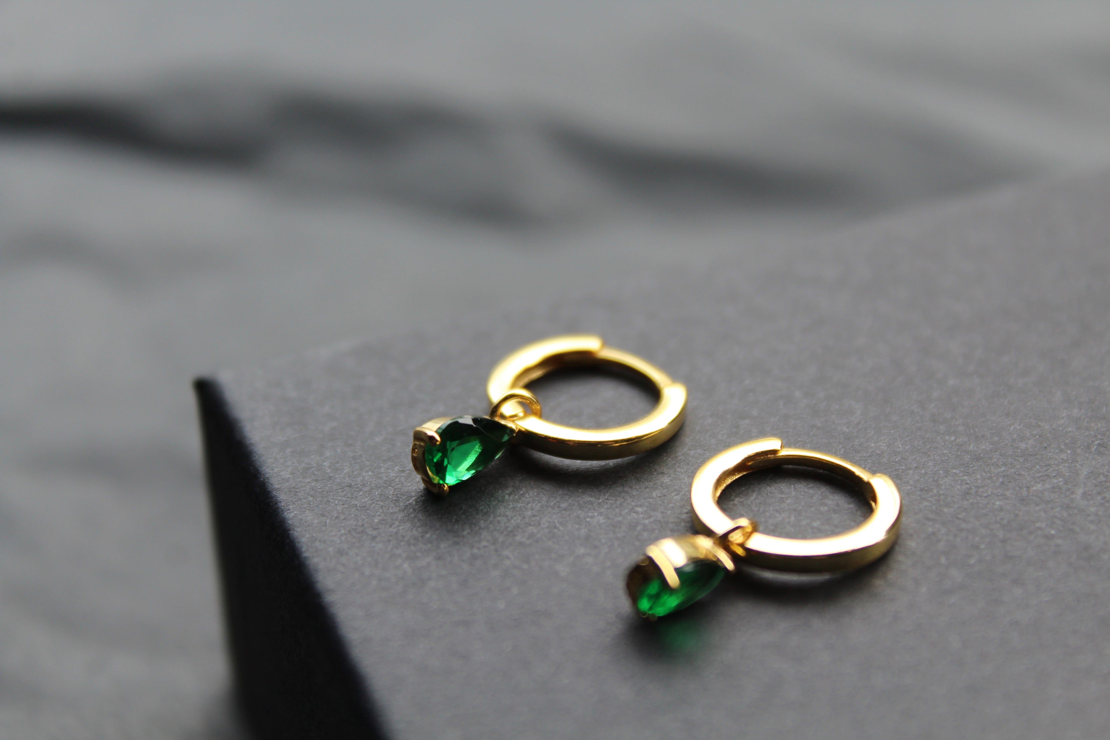 Hinged Hoops with Emerald Glass Teardrop Charm