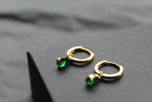 Load image into Gallery viewer, Hinged Hoops with Emerald Glass Teardrop Charm
