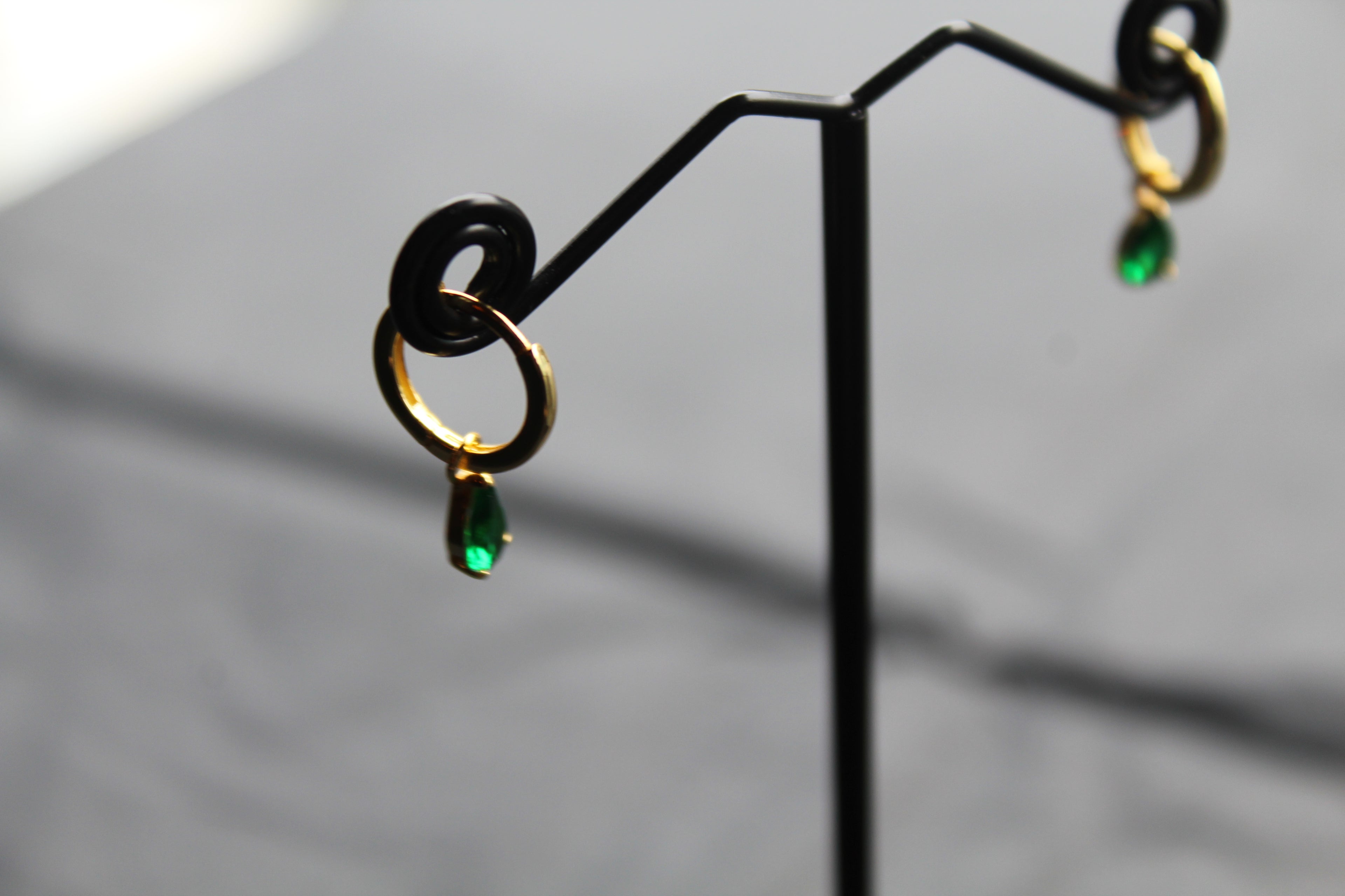 Hinged Hoops with Emerald Glass Teardrop Charm