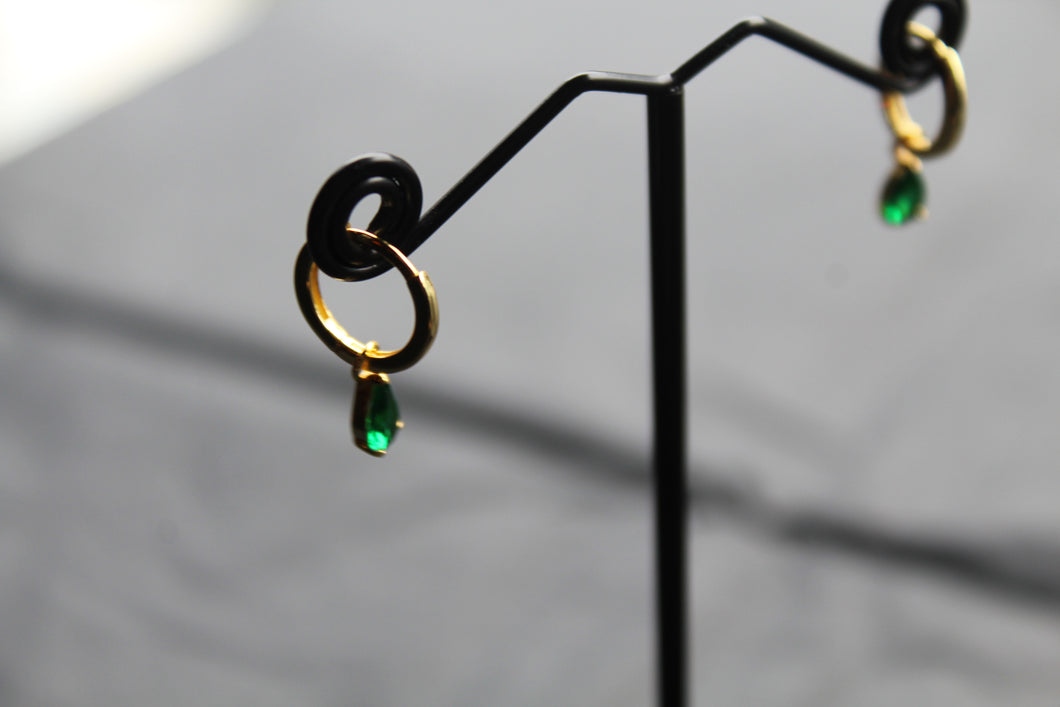 Hinged Hoops with Emerald Glass Teardrop Charm