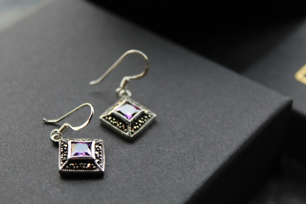 Amethyst Cubic Zirconia Marcasite Drop Earrings - Swax Jewellery Barmouth