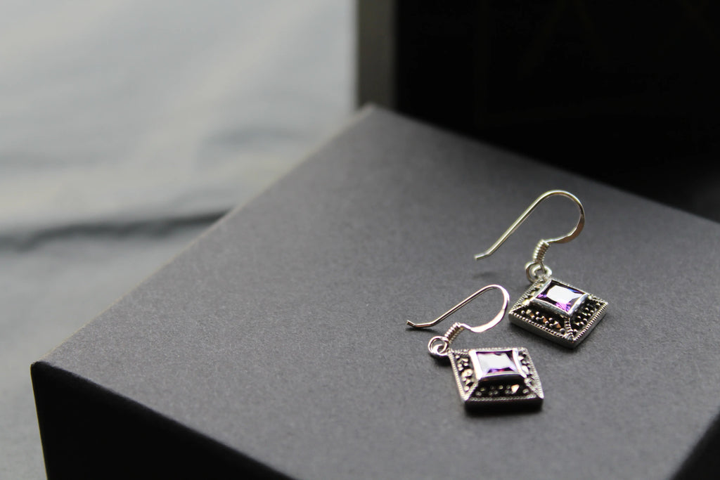 Amethyst Cubic Zirconia Marcasite Drop Earrings - Swax Jewellery Barmouth