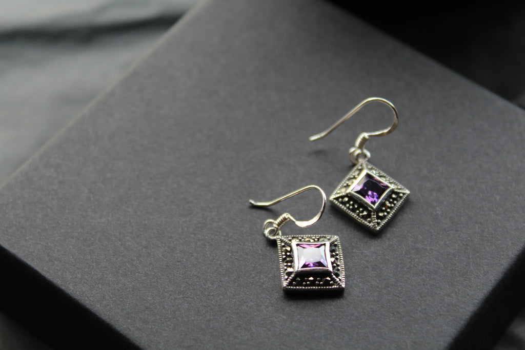 Amethyst Cubic Zirconia Marcasite Drop Earrings - Swax Jewellery Barmouth