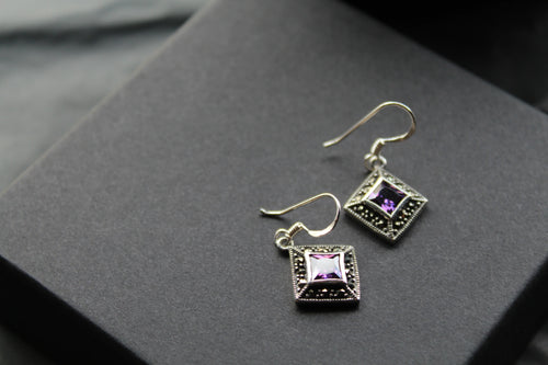 Amethyst Cubic Zirconia Marcasite Drop Earrings - Swax Jewellery Barmouth