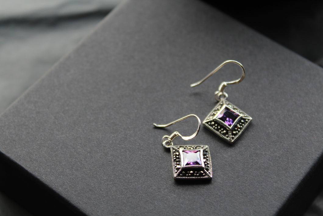 Amethyst Cubic Zirconia Marcasite Drop Earrings