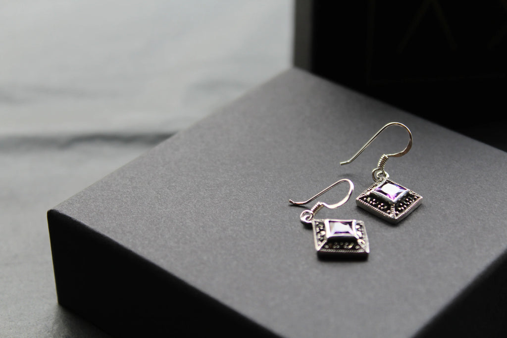Amethyst Cubic Zirconia Marcasite Drop Earrings - Swax Jewellery Barmouth