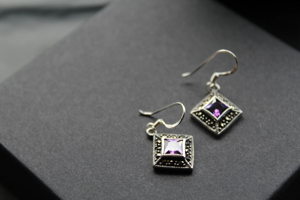 Amethyst Cubic Zirconia Marcasite Drop Earrings - Swax Jewellery Barmouth