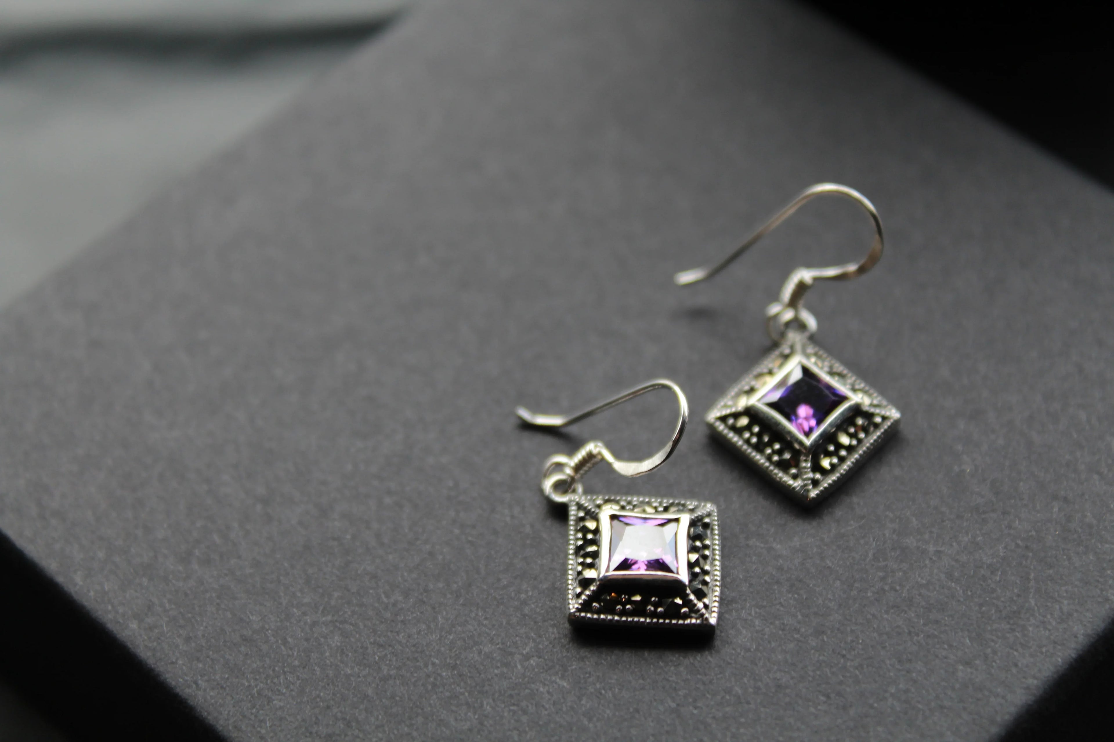 Amethyst Cubic Zirconia Marcasite Drop Earrings - Swax Jewellery Barmouth
