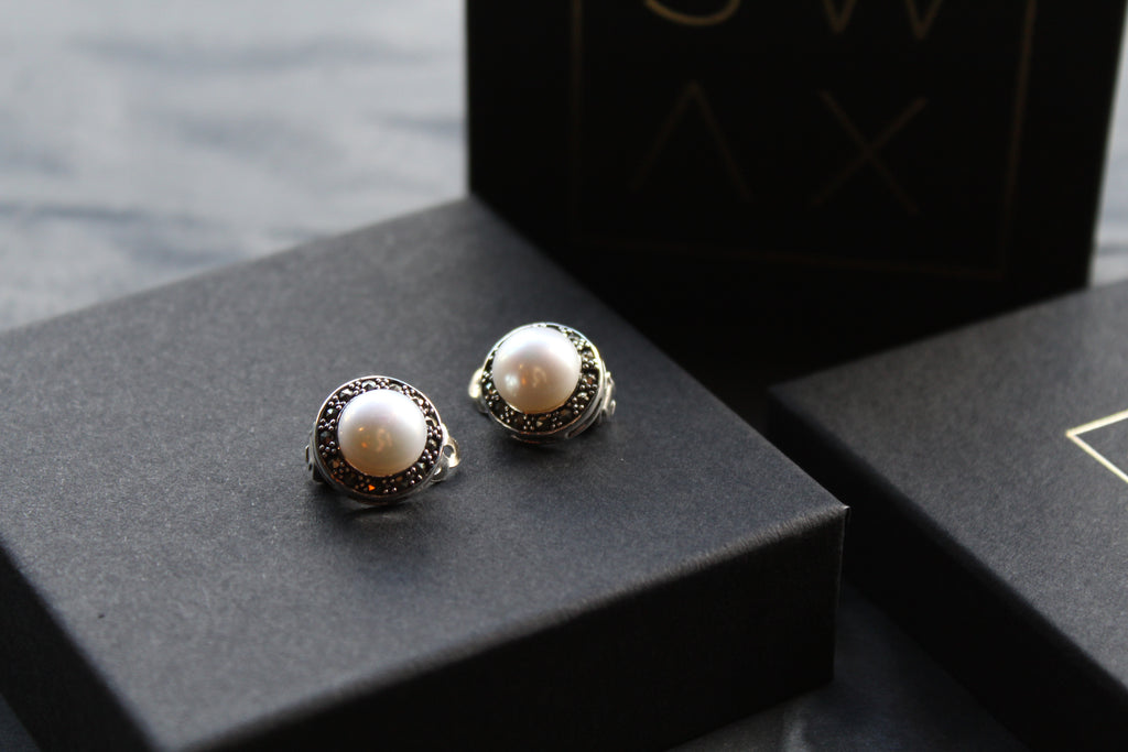 Marcasite Clip On Pearl Studs