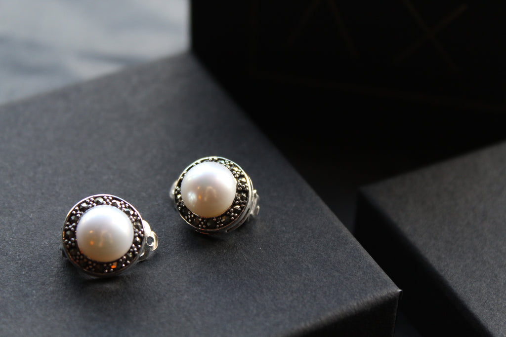 Marcasite Clip On Pearl Studs