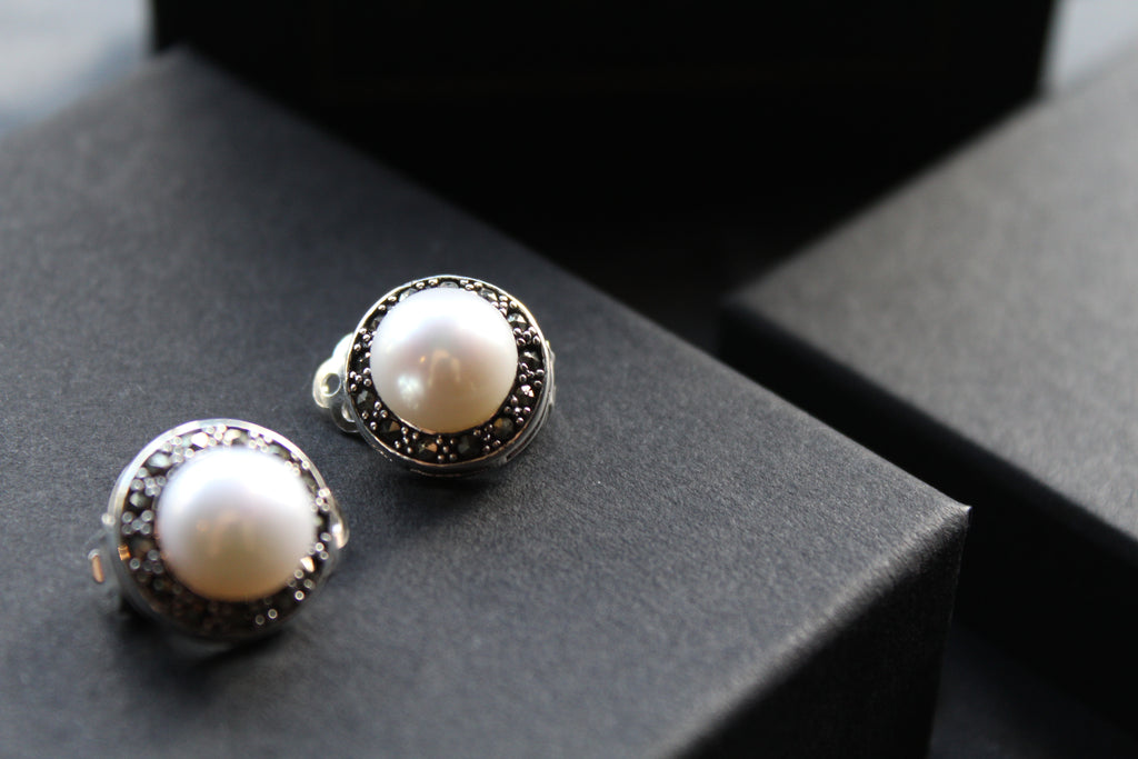 Marcasite Clip On Pearl Studs