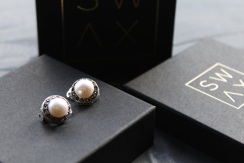 Marcasite Clip On Pearl Studs