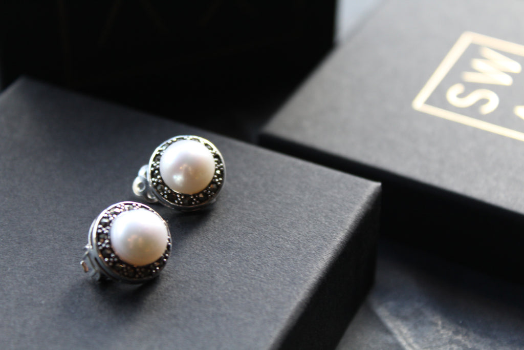 Marcasite Clip On Pearl Studs