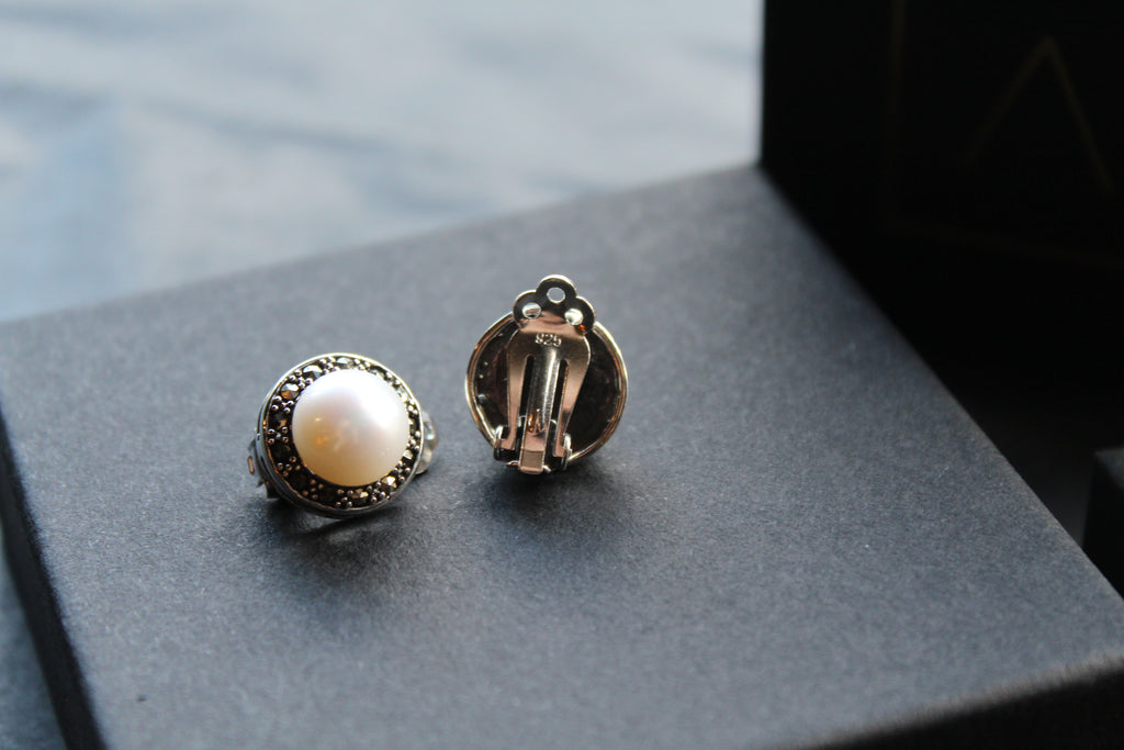 Marcasite Clip On Pearl Studs