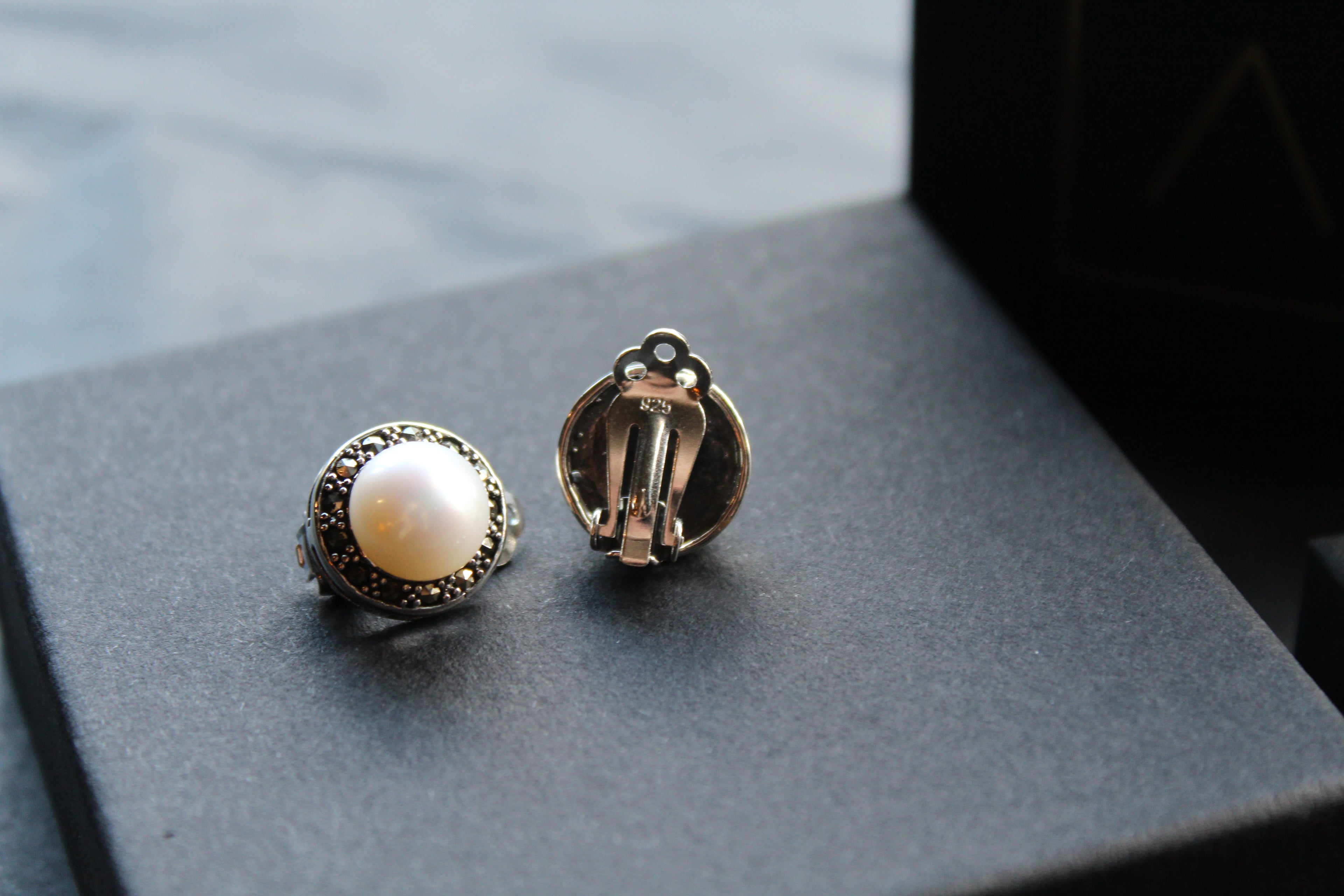 Marcasite Clip On Pearl Studs