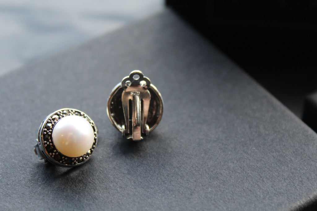 Marcasite Clip On Pearl Studs